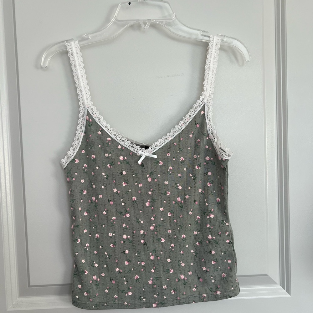 Sage green floral lace tank